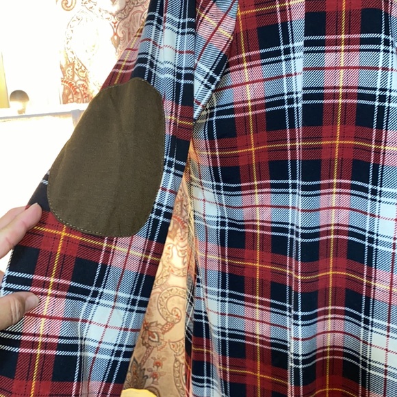 Reborn 1X Plaid Lightweight Open Front Duster / Cardigan / Top w/ Elbow Patches. - Picture 4 of 9